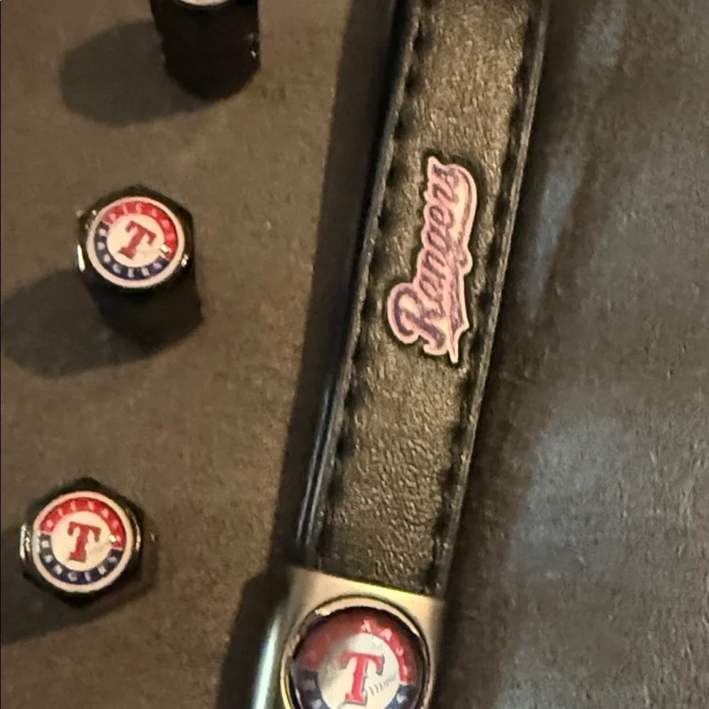 Texas Rangers Keychain and Tire Valve Caps Set
